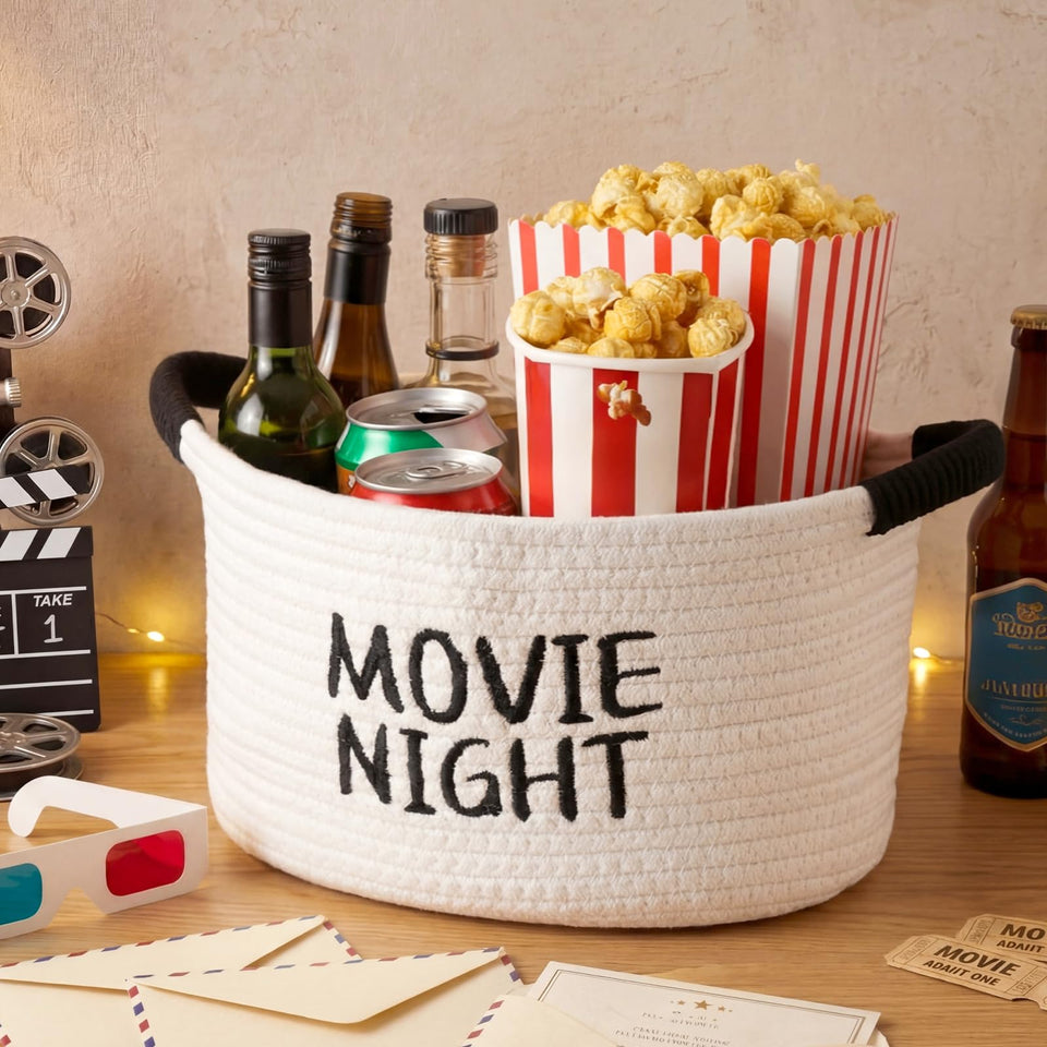 Yungyan Movie Night Basket top view showing organized snacks for theater-ready evenings.