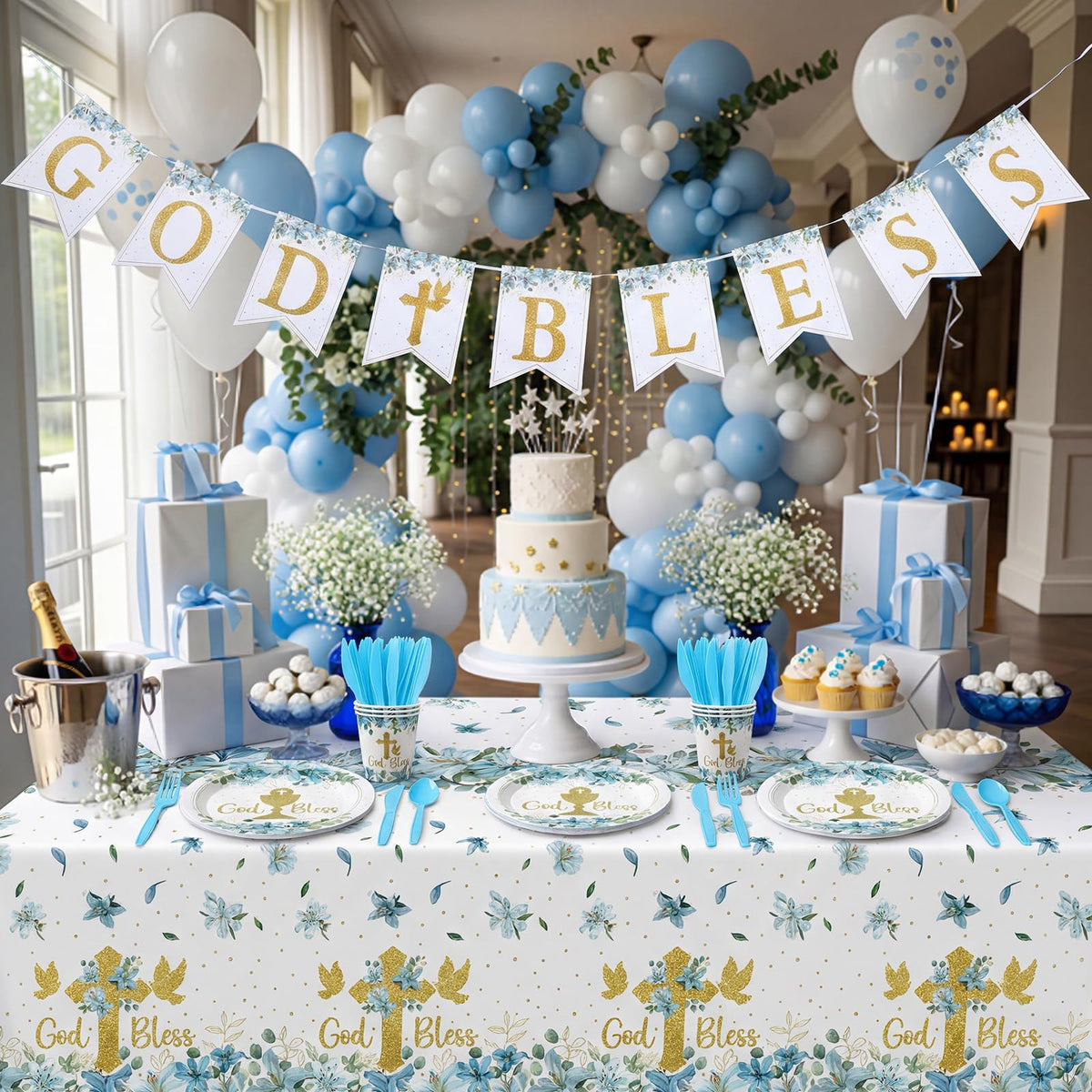 Yungyan napkins coordinate with lilies and crosses for a graceful table.