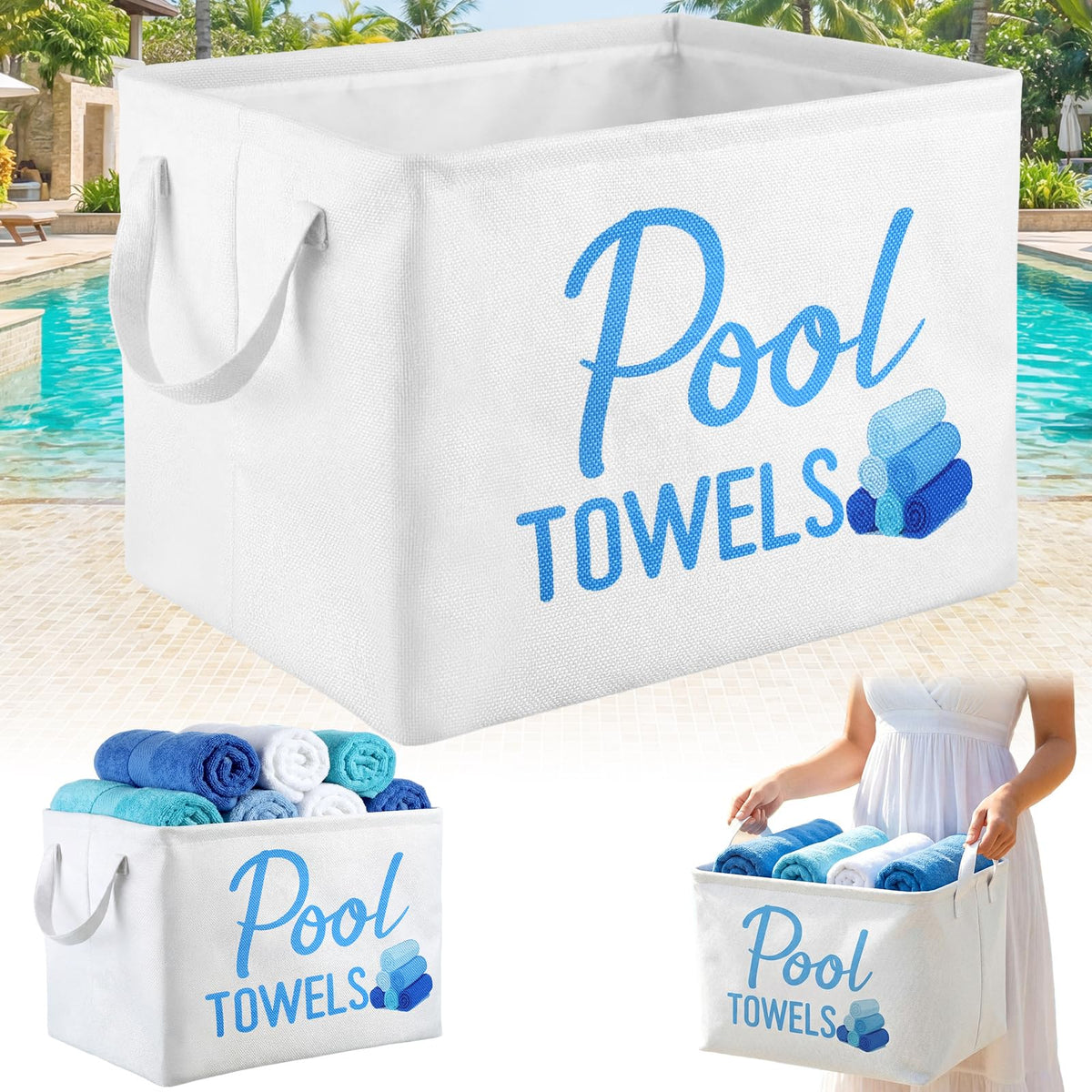 Yungyan pool towel storage basket front view with blue and white design for poolside organization