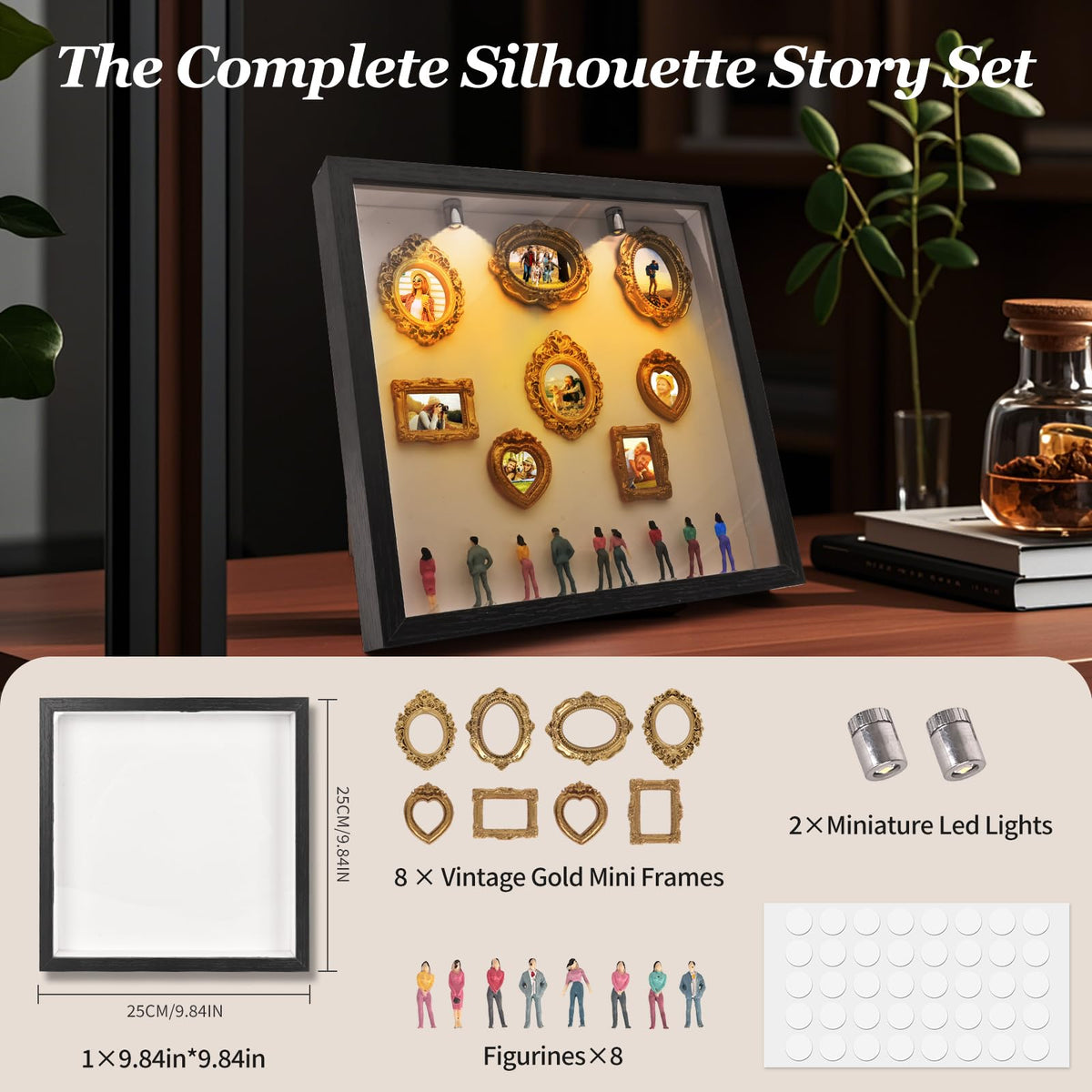 YunPuff shadow box figurines accompany photos for a warm memory display