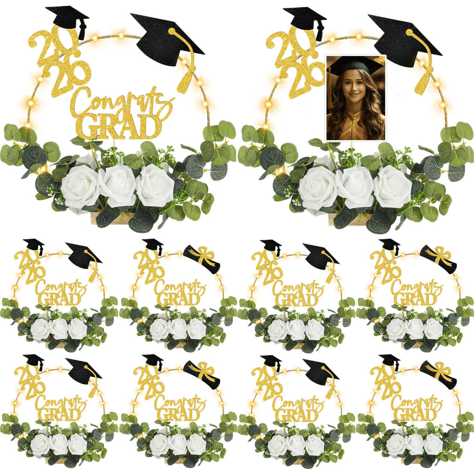 Yunsailing 8-hoop graduation centerpiece setup enhances elegant table decor.