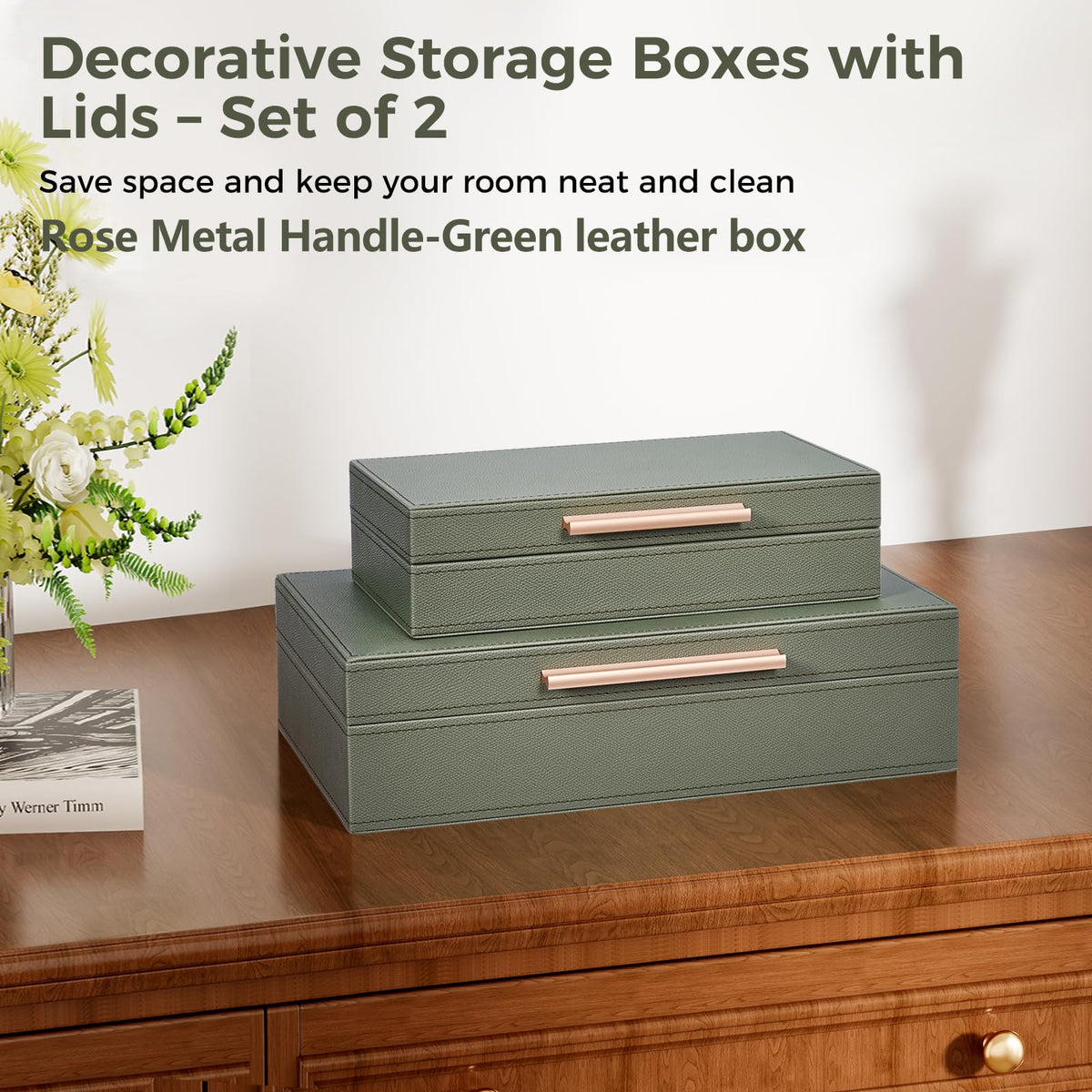 YUNSCEND green decorative box with lid and exterior in PU leather.