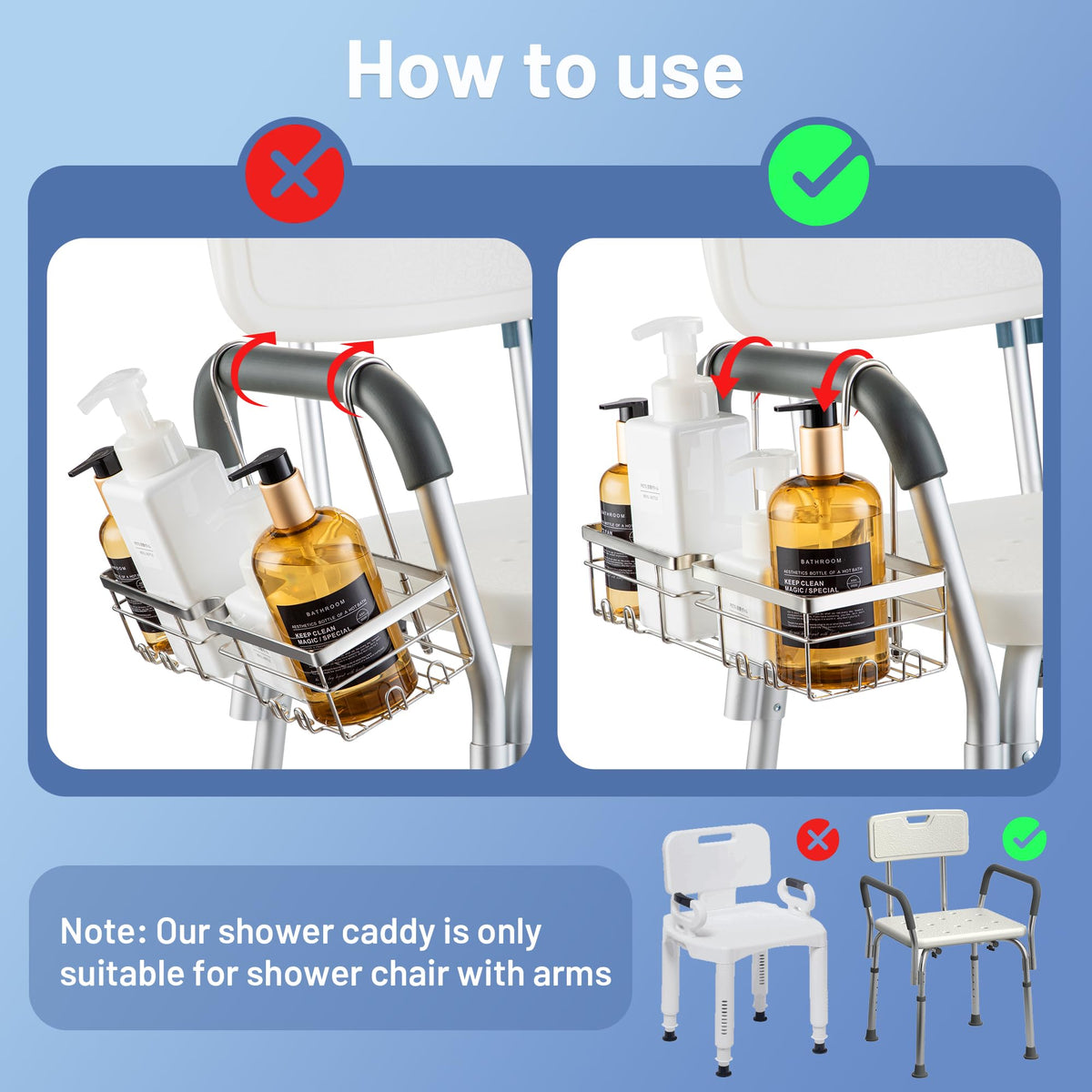 YUOROS bathroom organizer fits standard chairs up to 1.4 inches thick.