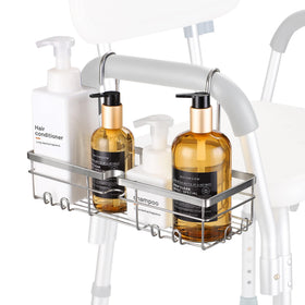 YUOROS shower caddy mounted over a chair arm for easy access during showers.
