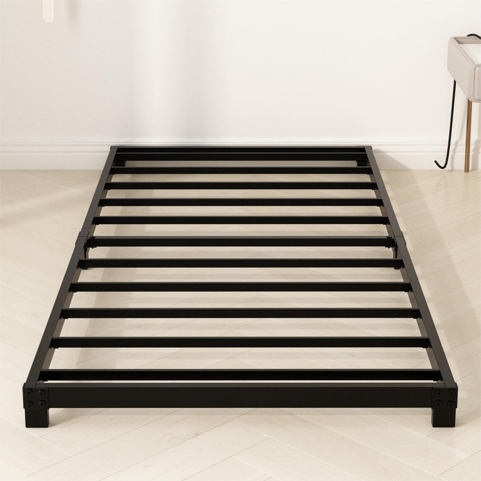 YUSENHEEI 4inch twin bed frame side view showing compact, sturdy profile.