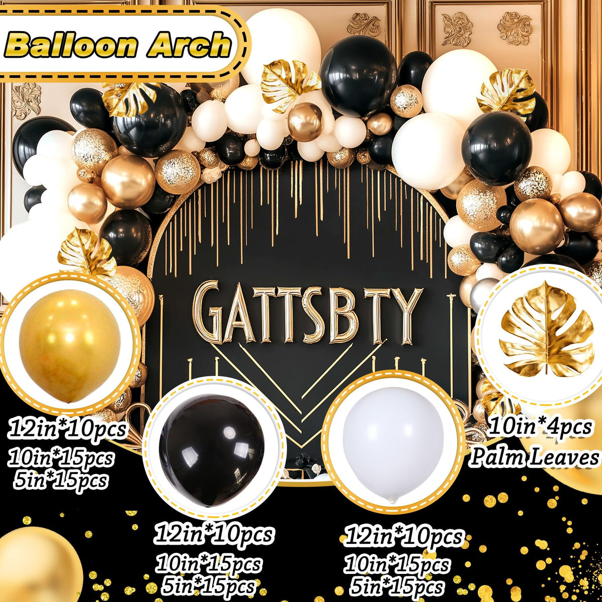 Yusino balloon set in black gold white brings glamorous 1920s color palette.