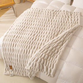 YUSOKI luxury double-side faux rabbit fur throw in grey ivory, ultra-soft warmth for couches.