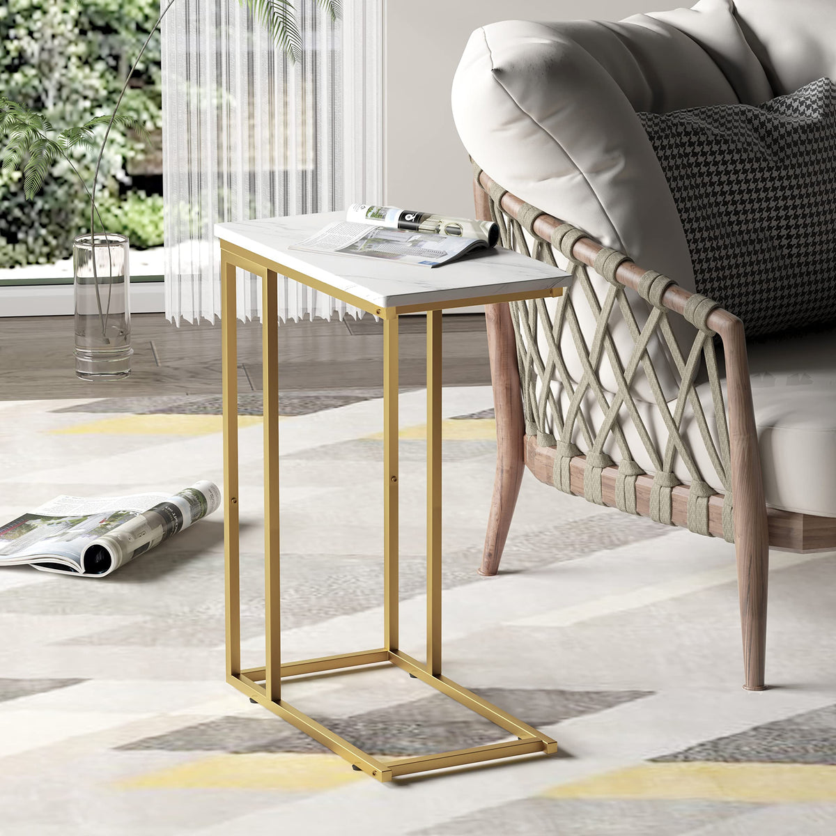 Yusong C-Shaped End Table slides under sofa for easy snack access.