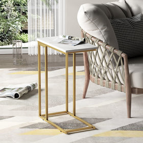 Yusong C-Shaped End Table slides under sofa for easy snack access.