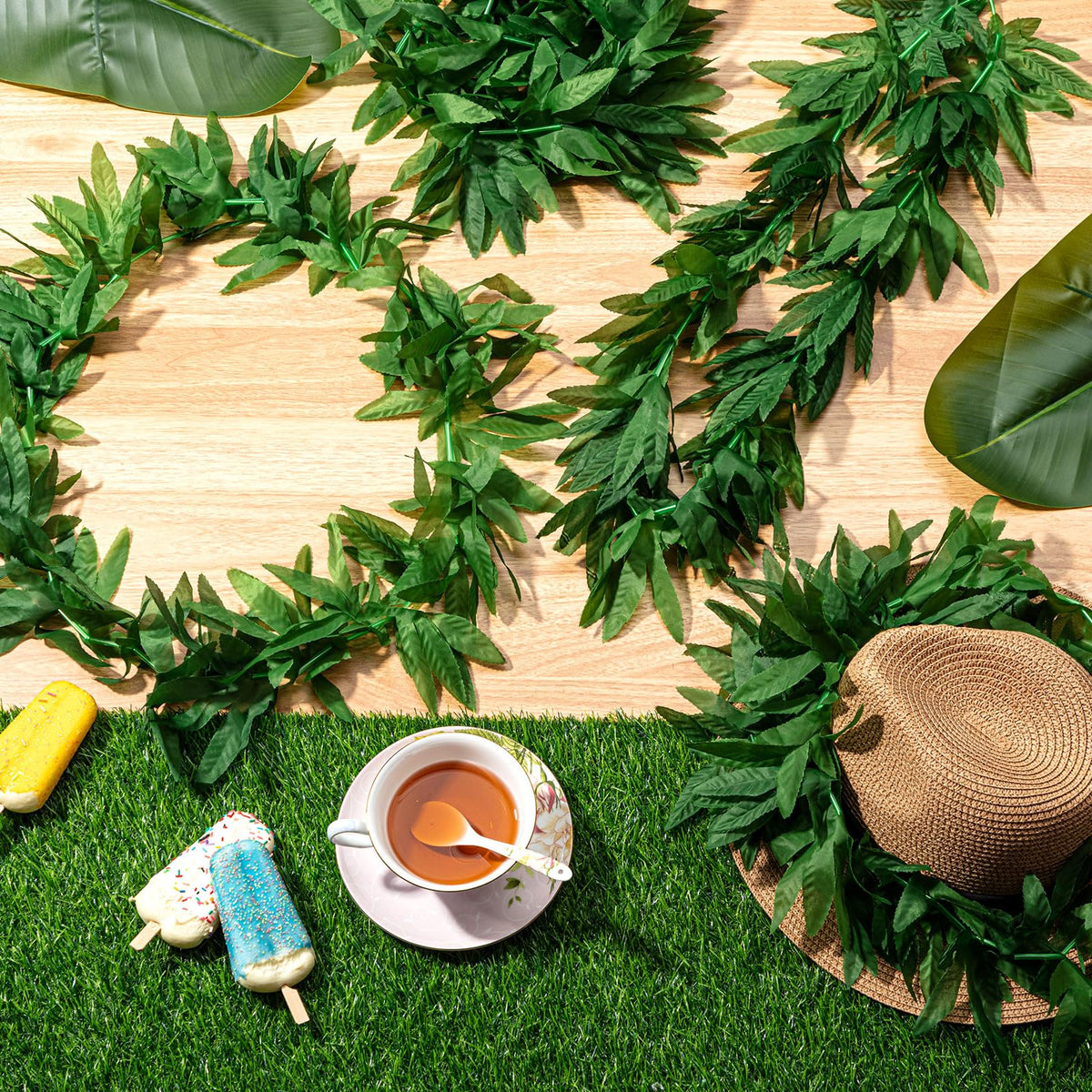 Yuxung Hawaiian luau decor setup with vibrant leis