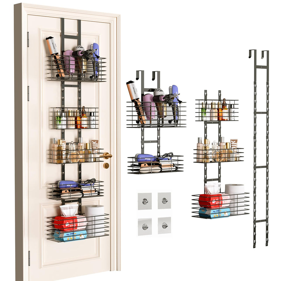 Yuyetuyo 5-Tier over-the-door organizer with hair-dryer holder keeps bathroom clutter in check