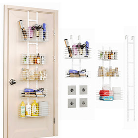 Yuyetuyo 5-tier over-the-door organizer behind the door stores bathroom items neatly.