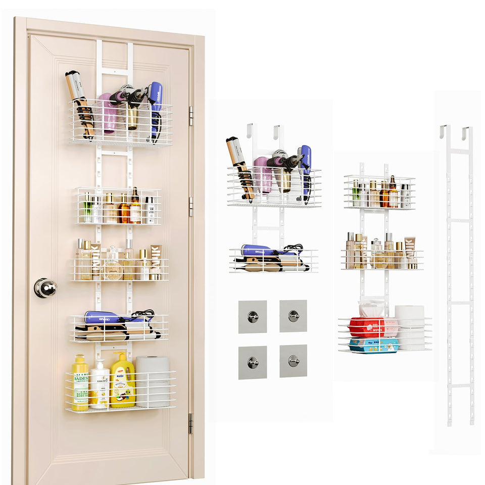 Yuyetuyo 5-tier over-the-door organizer behind the door stores bathroom items neatly.