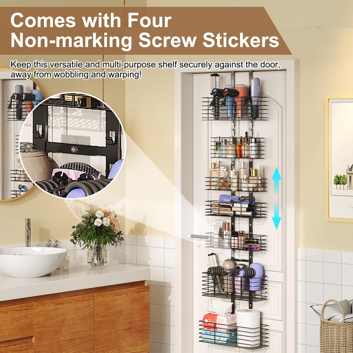 Yuyetuyo bathroom door organizer close-up showing seven baskets for versatile storage