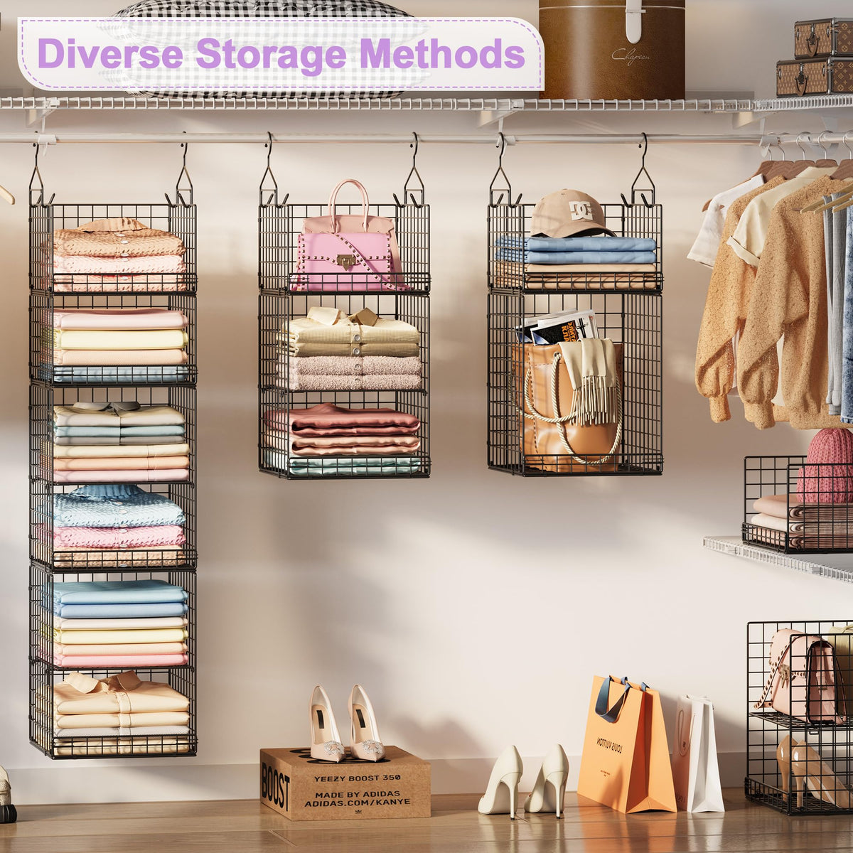 Yuyetuyo wire baskets set provides visible storage for clothes and accessories