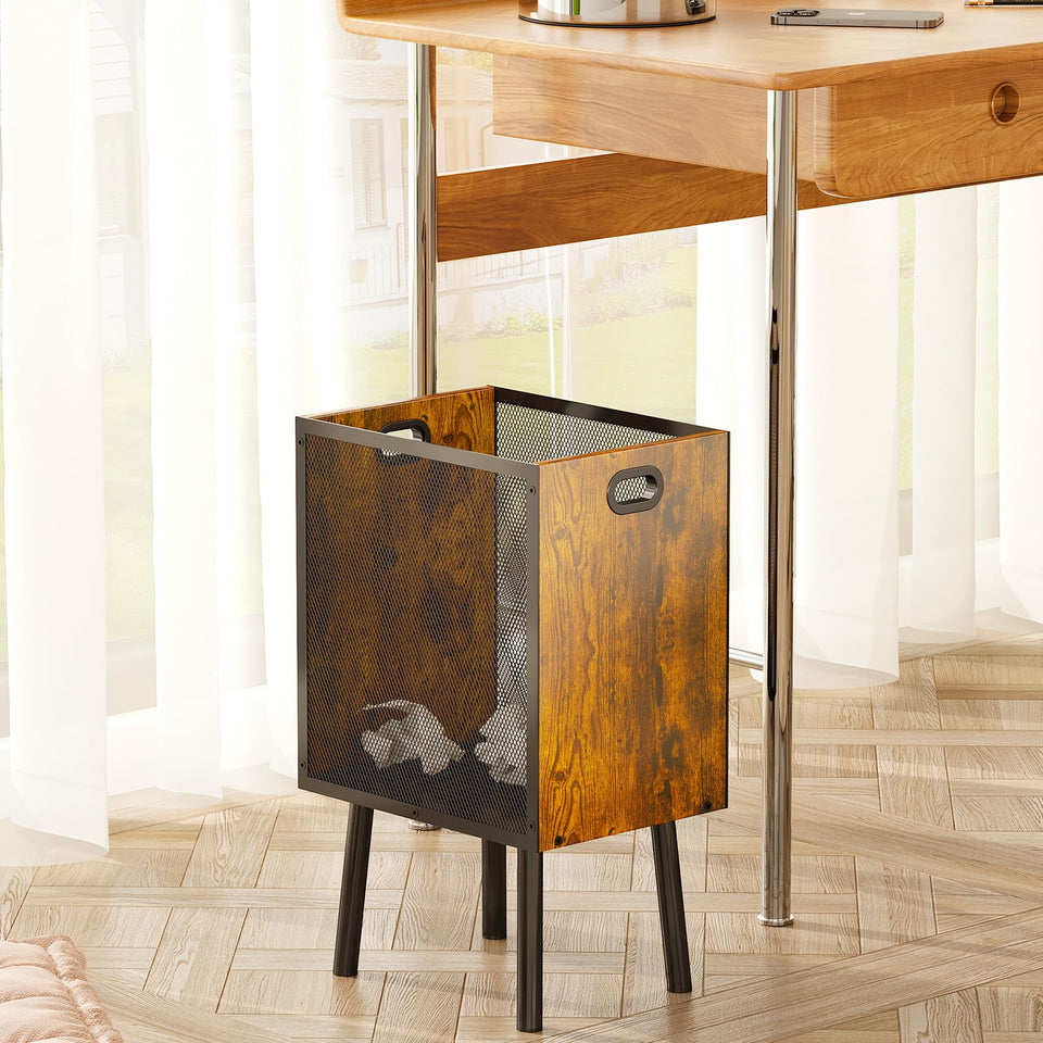 Yuyetuyo wood-mesh rectangular trash can ready for office or home use.