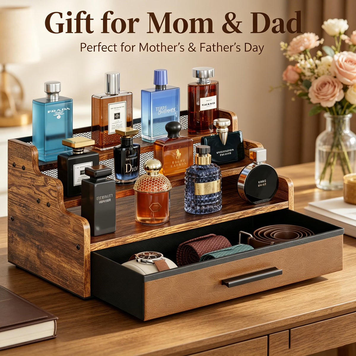 Yuzehuaza 3 Tier Cologne Stand drawer open reveals fabric-lined interior for protection.