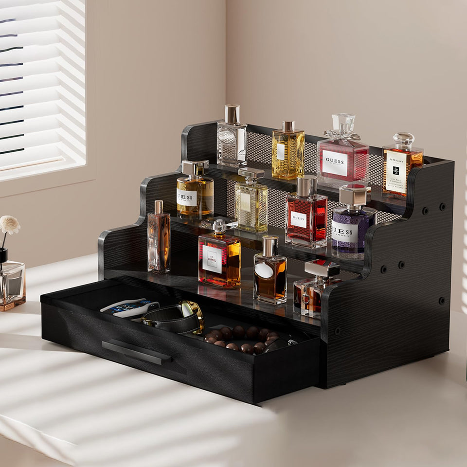 Yuzehuaza 3-tier black wooden organizer neatly displays cologne bottles.