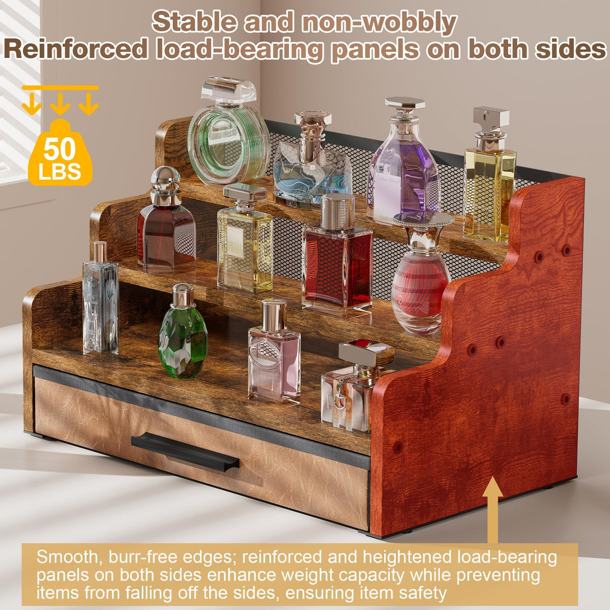 Yuzehuaza wooden stand side profile highlights sturdy construction and rustic appeal.