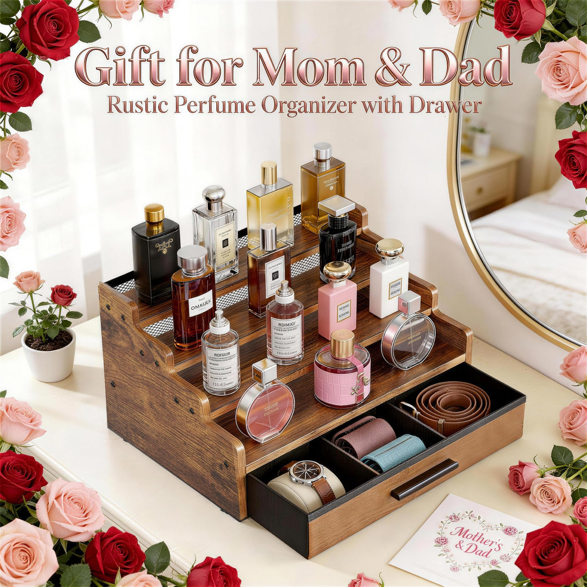 Yuzehuaza wooden perfume display with drawer stores grooming items neatly.