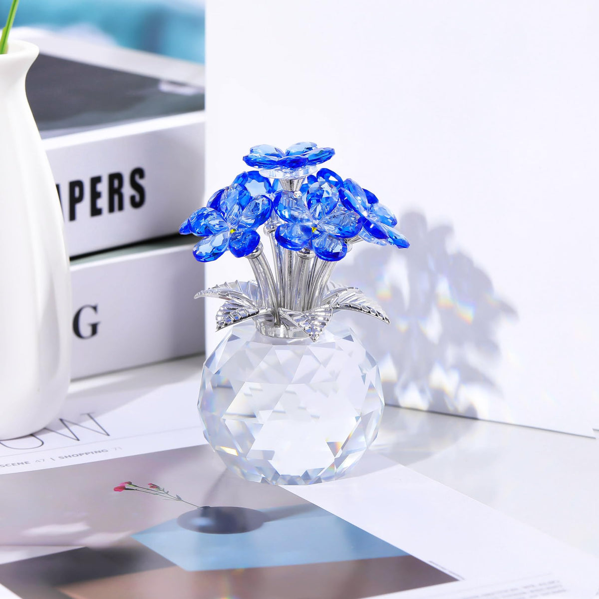 Tabletop decor in a living room or bedroom featuring the blue bloom