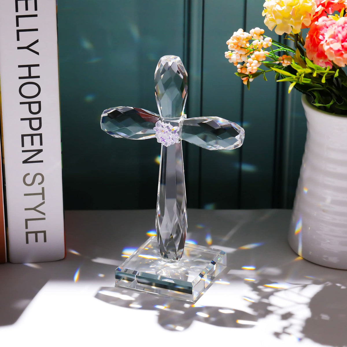 YWHL crystal cross figurine handmade clear shine for home display