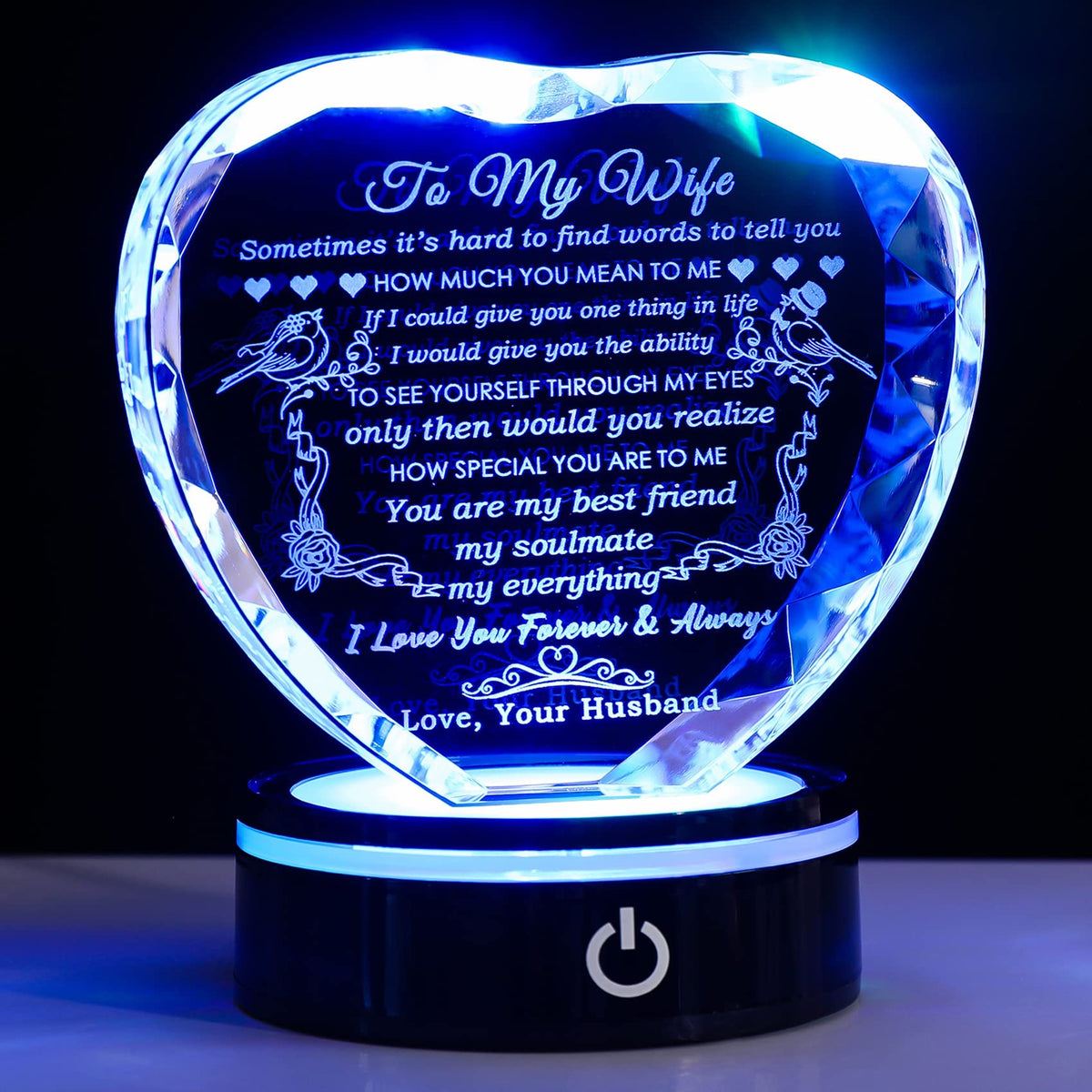 YWHL crystal heart engraved quote glows beautifully as an anniversary keepsake