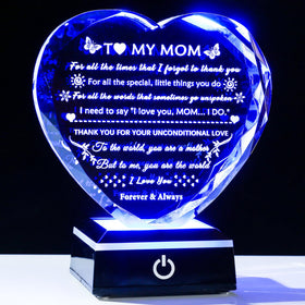 YWHL crystal heart keepsake with laser-engraved message displayed