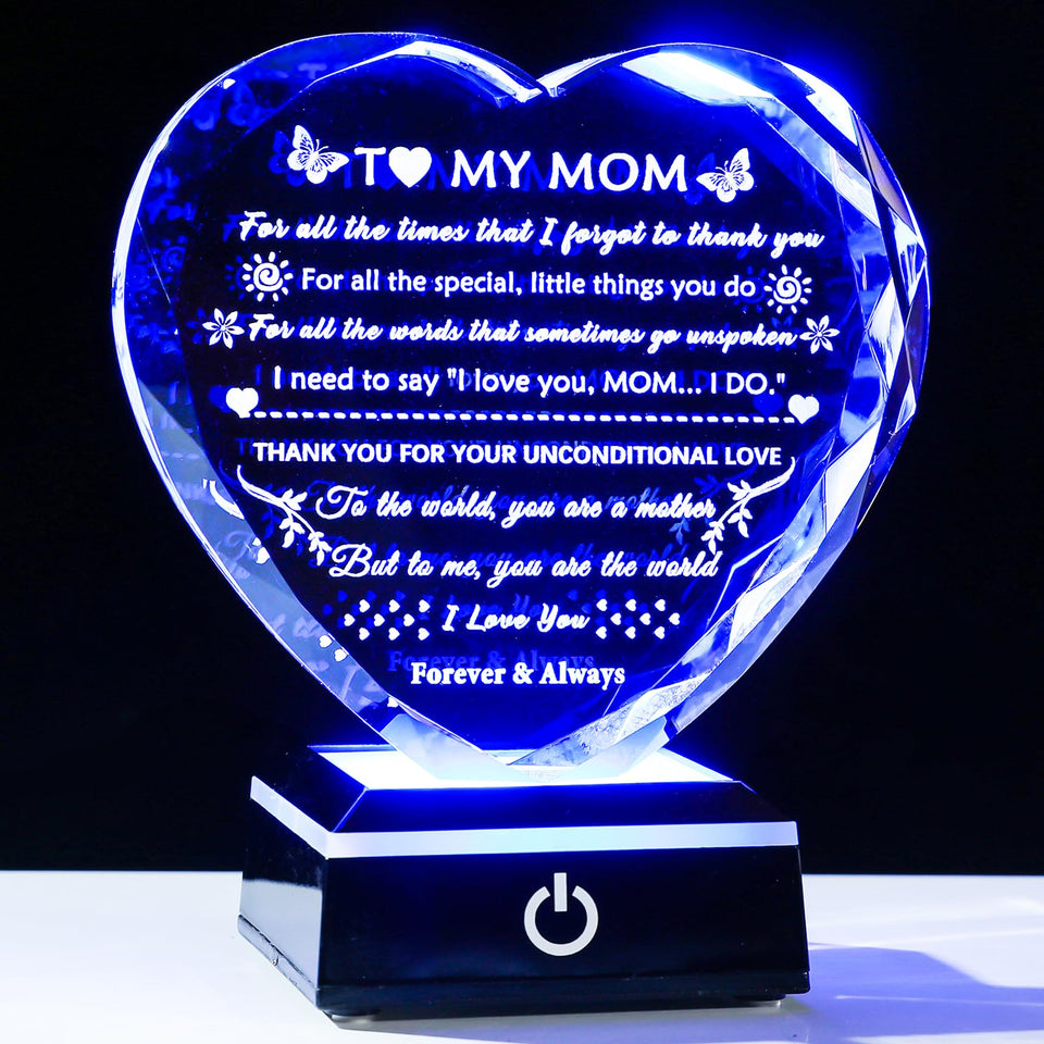 YWHL crystal heart keepsake with laser-engraved message displayed