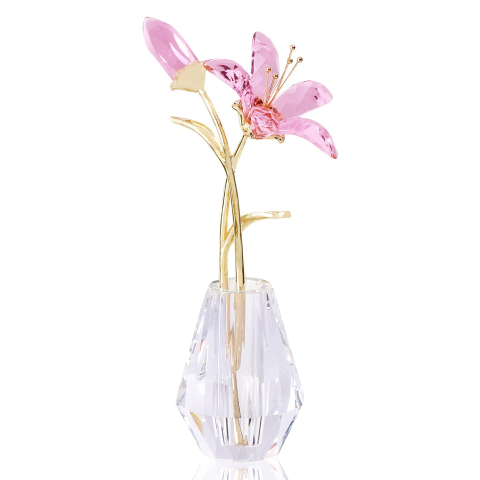 YWHL crystal lily figurine with pink vase viewed up close, elegant centerpiece option