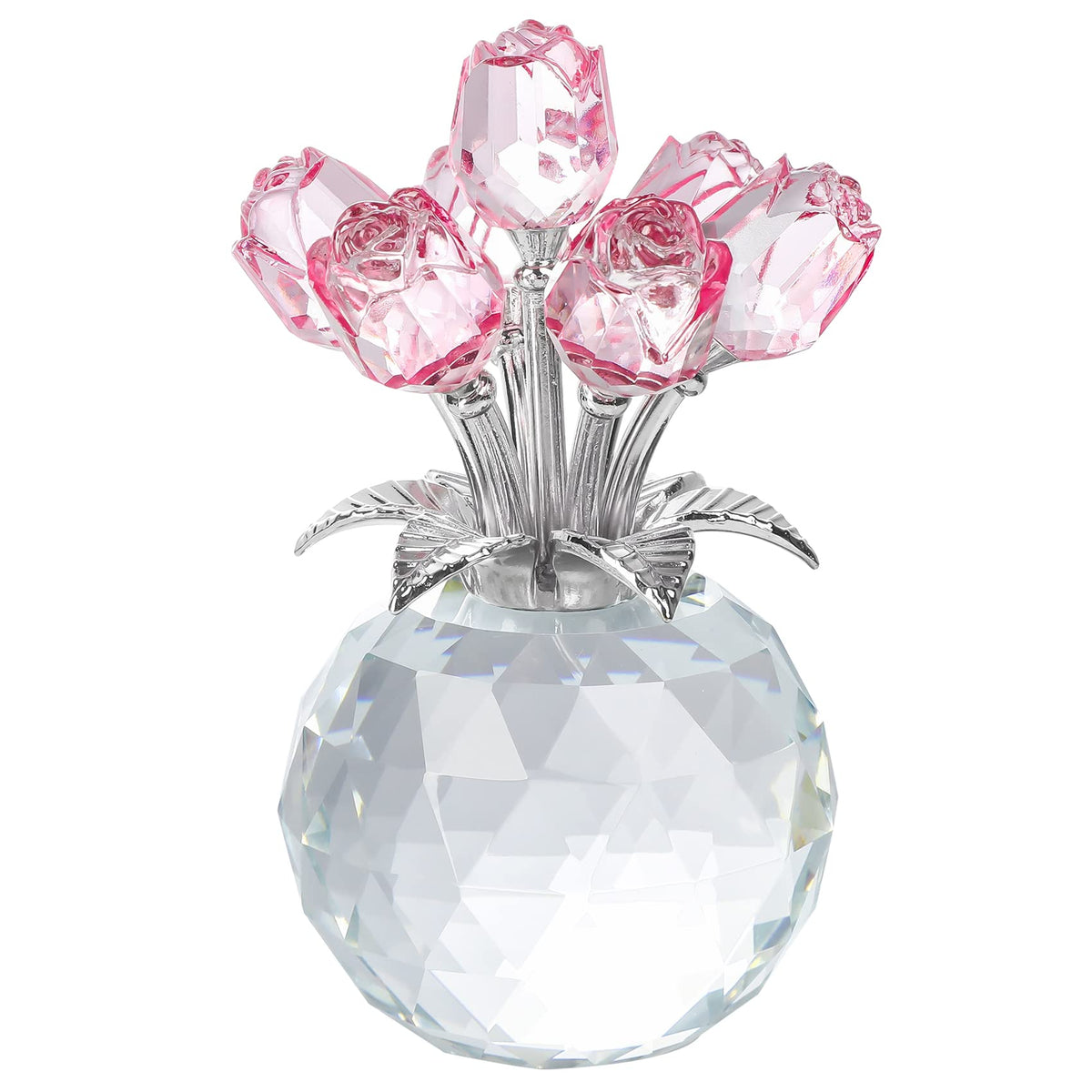 YWHL crystal pink rose figurine with round vase, ideal romantic gift and home décor.