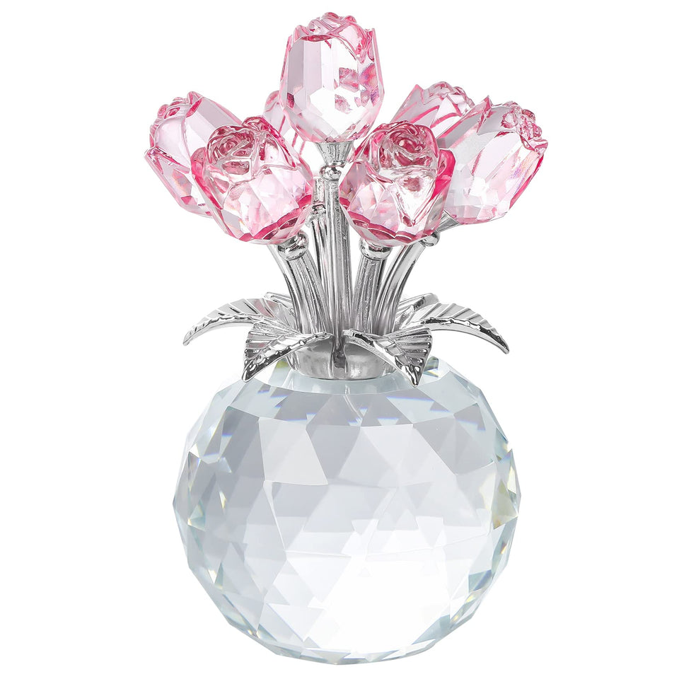 YWHL crystal pink rose figurine with round vase, ideal romantic gift and home décor.