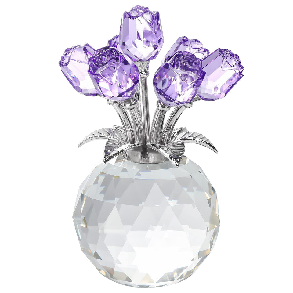 YWHL crystal purple rose figurine in round vase with sparkling clarity