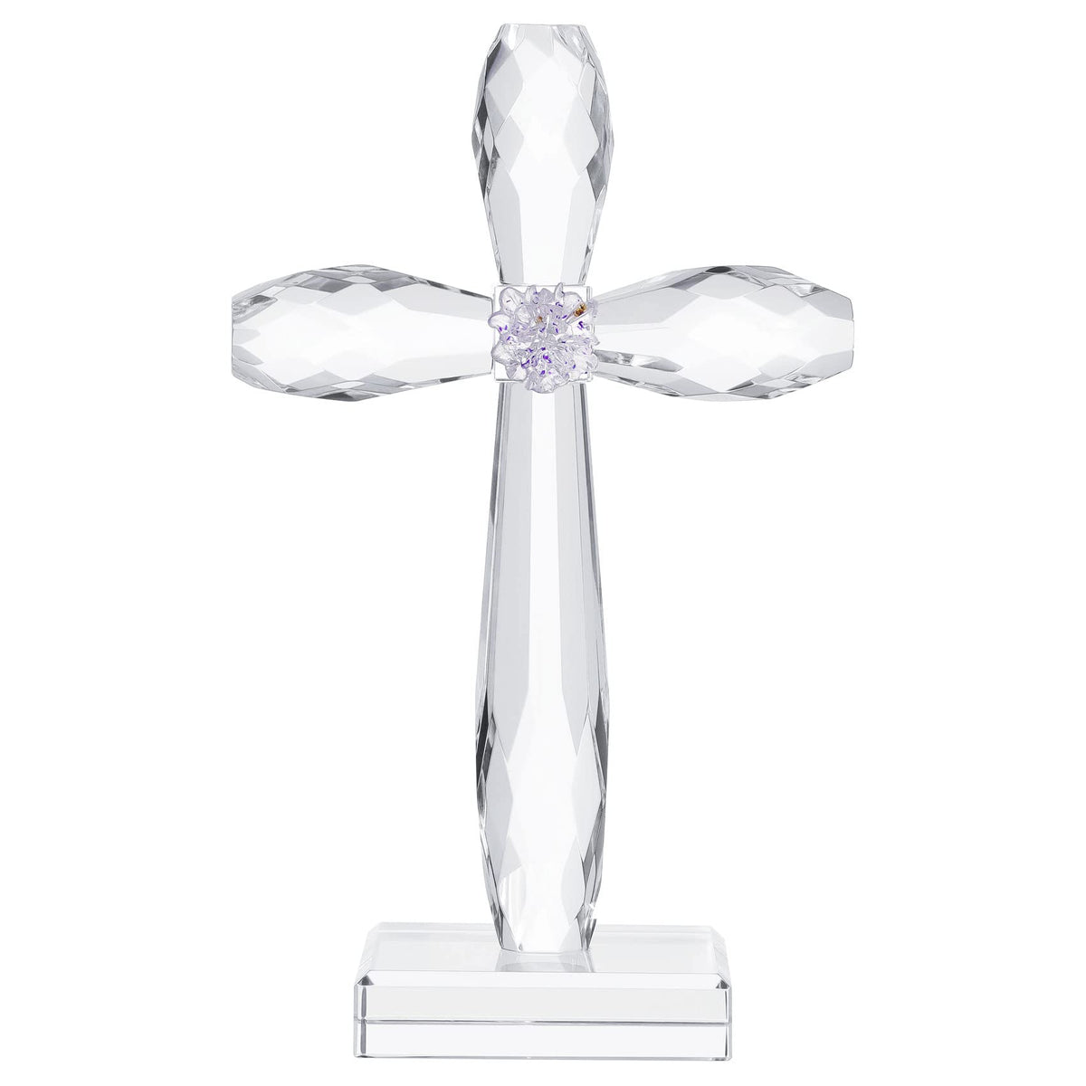 YWHL crystal standing cross on windowsill casting rainbow light