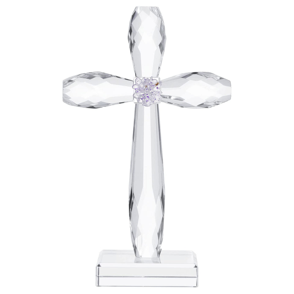 YWHL crystal standing cross on windowsill casting rainbow light