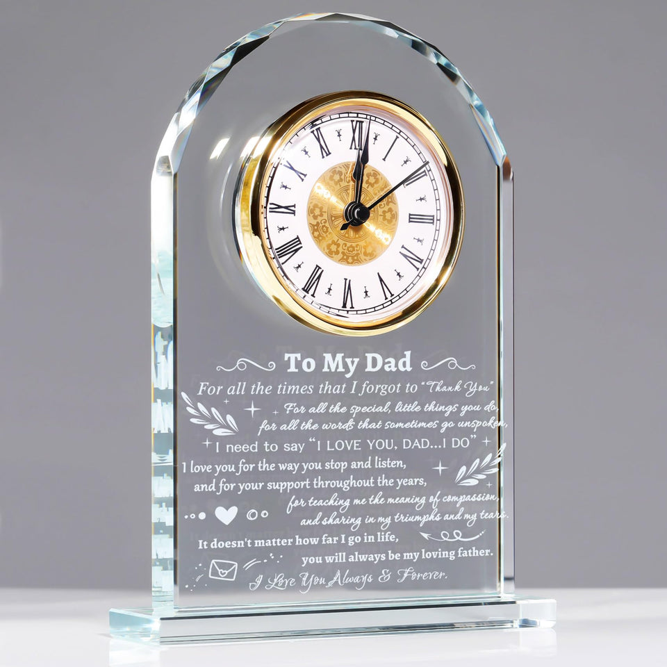 YWHL glass keepsake clock displayed on desk, ideal dad gift