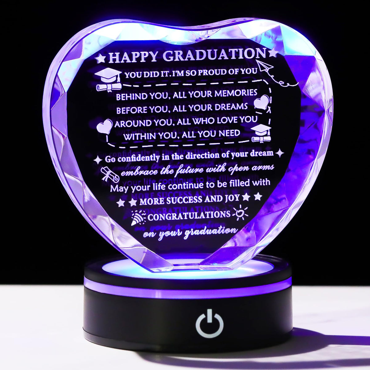 YWHL graduation crystal heart plaque with LED base for a luminous keepsake
