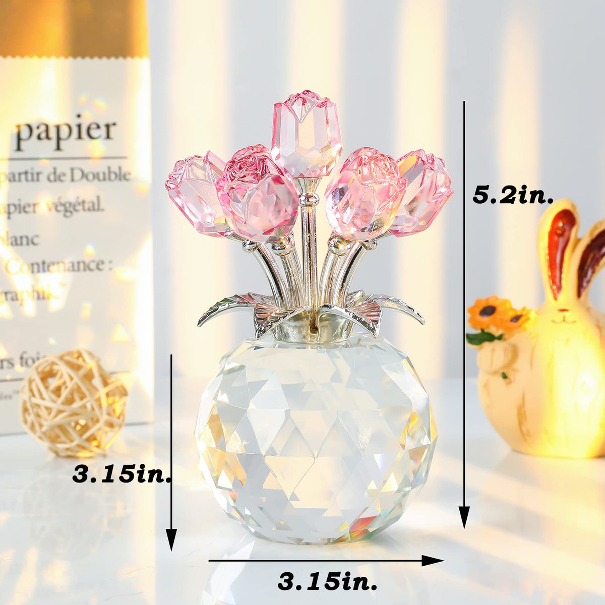 YWHL handcrafted rose crystal sculpture enhances shelves with sparkling beauty.