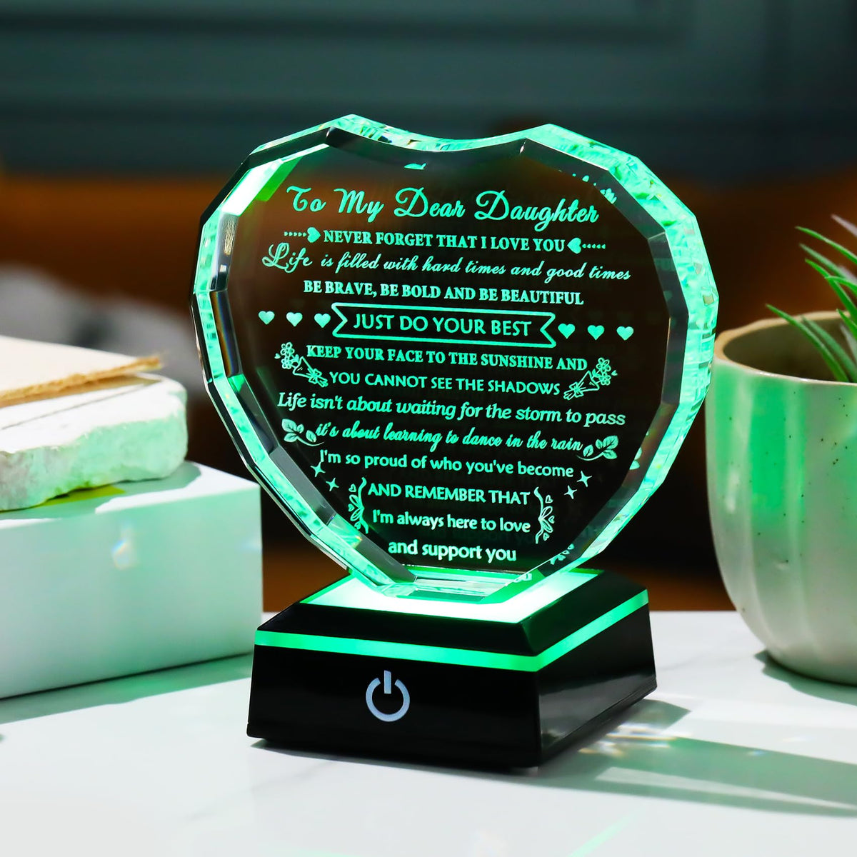YWHL Laser-engraved message inside crystal for lasting sentiment.