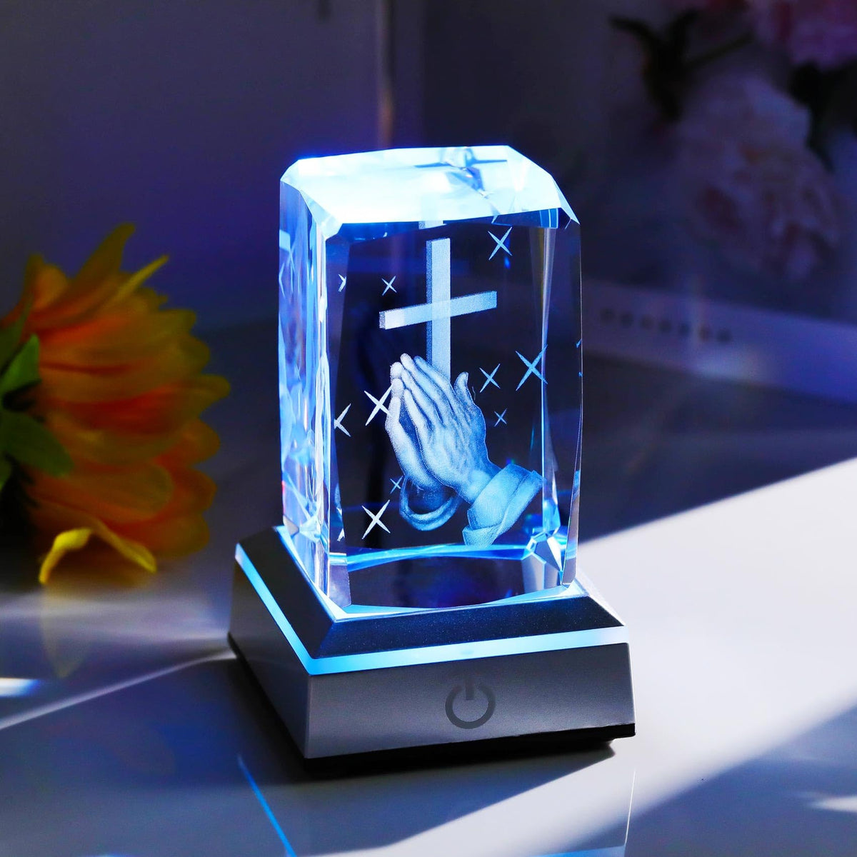 Laser-engraved praying hands cross detail on clear crystal by YWHL