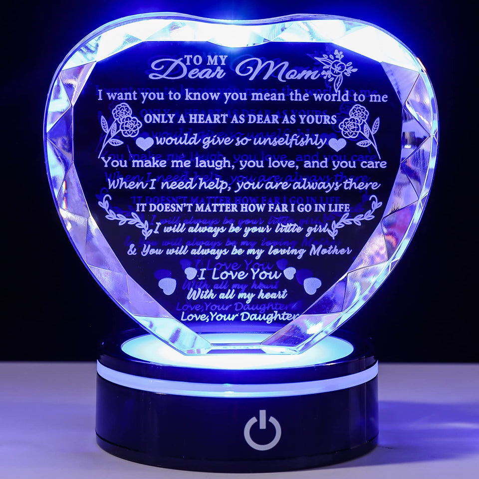 YWHL crystal heart keepsake close-up with laser-engraved message for lasting memories.