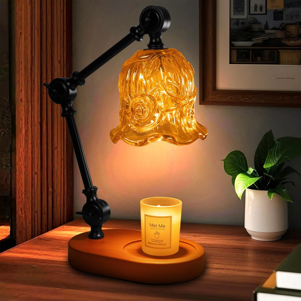 YWYWLED Candle Warmer Lamp Amber Flower front view showing warm glow