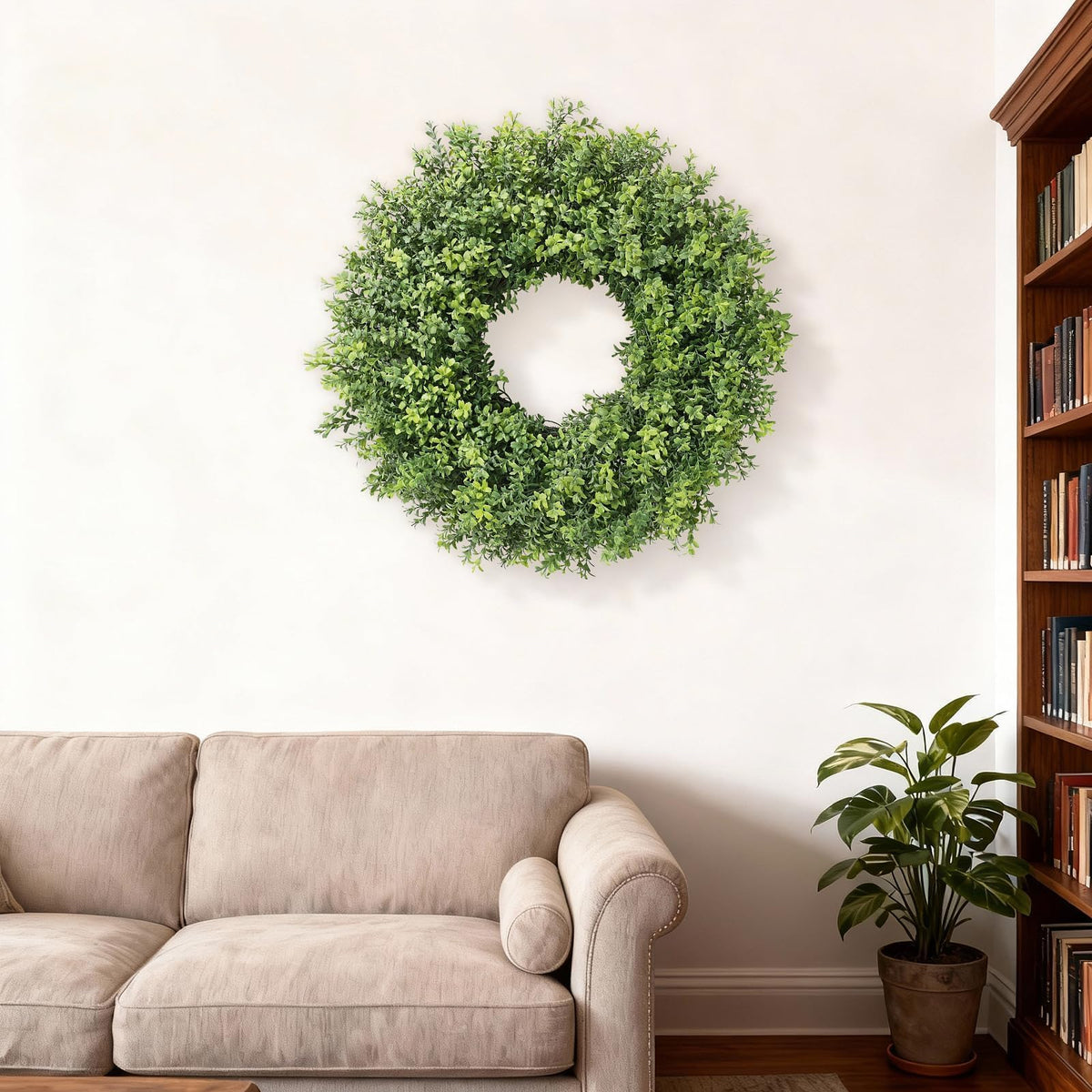 YXZZWL 26-inch boxwood wreath unfolded to its full size.