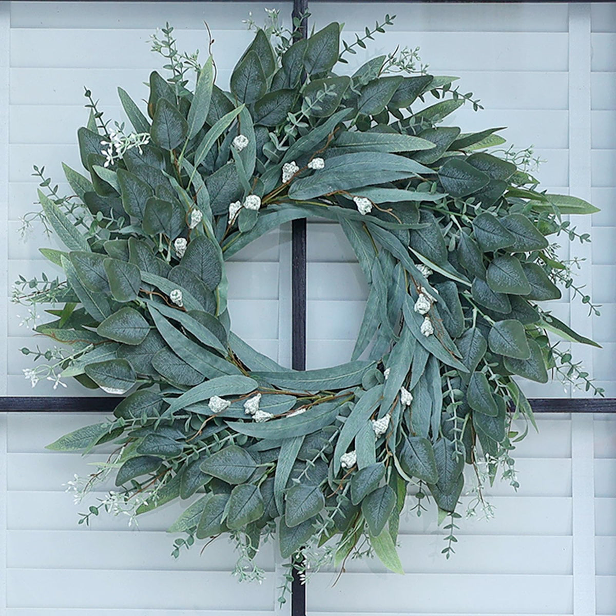 YXZZWL 26-inch eucalyptus wreath on front door for all-season curb appeal.