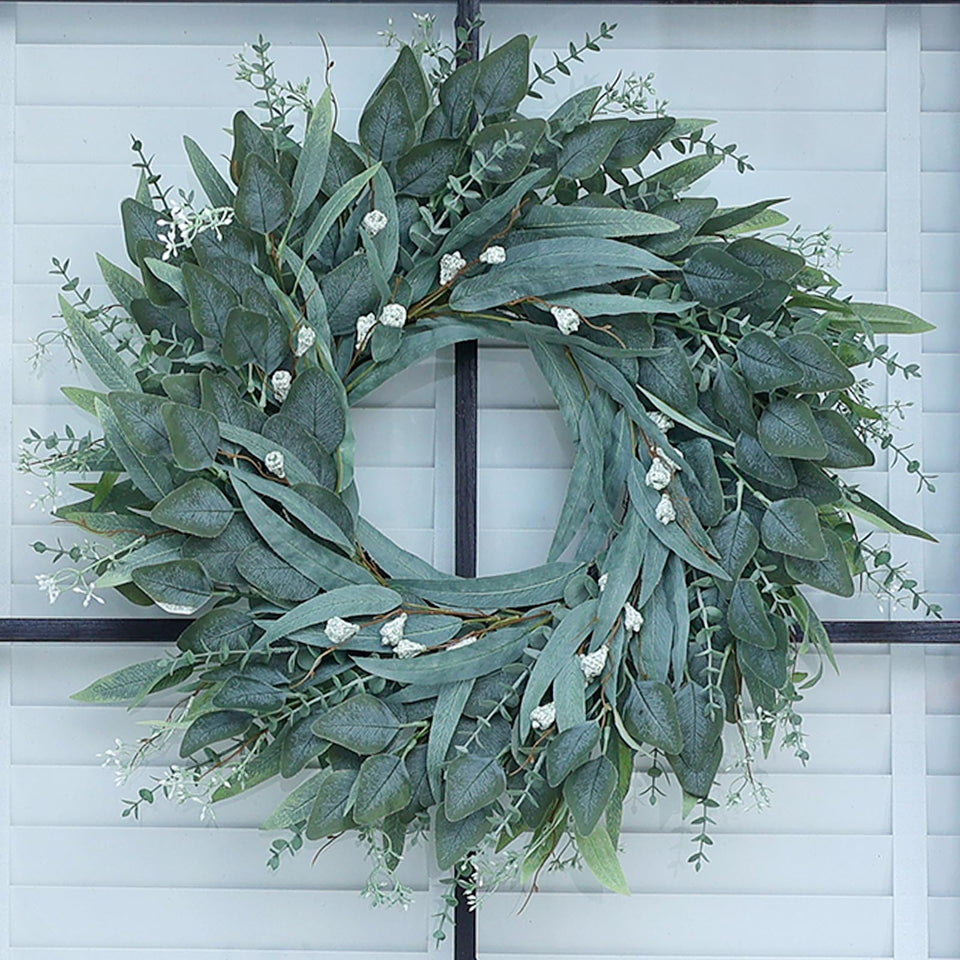 YXZZWL 26-inch eucalyptus wreath on front door for all-season curb appeal.