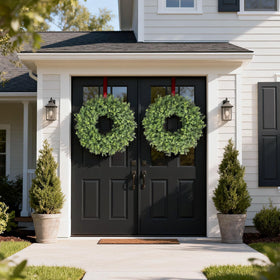 YXZZWL outdoor-ready boxwood wreath displayed on exterior wall.
