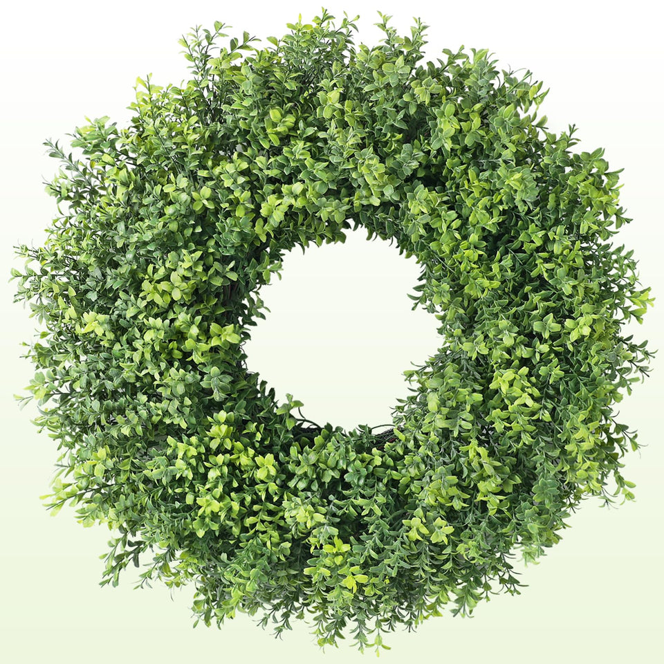 YXZZWL artificial boxwood wreath with small leaves for front door decor.