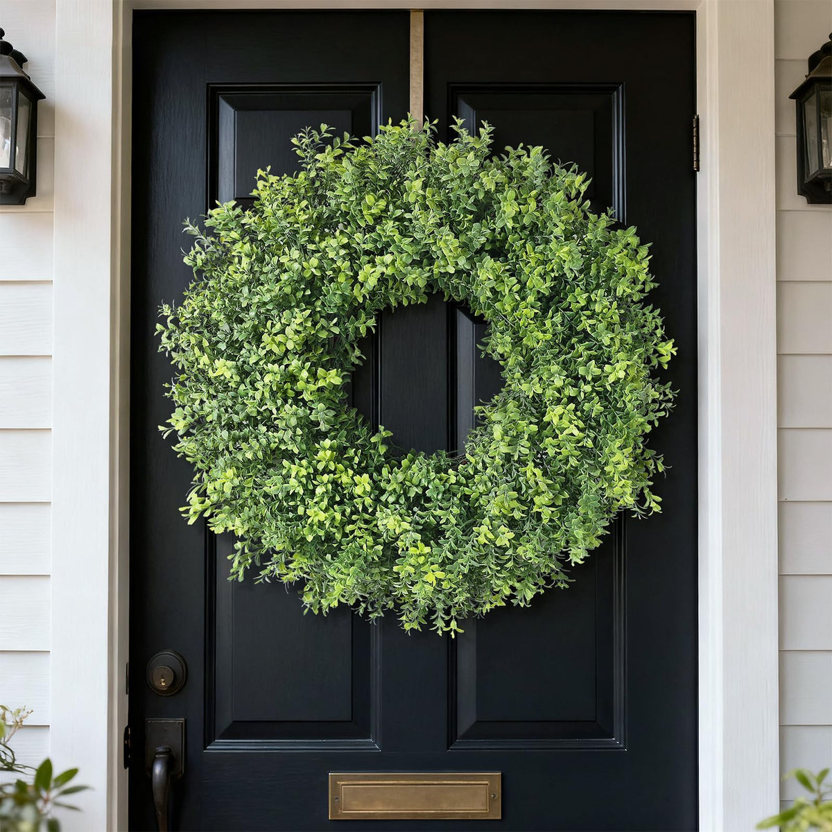 YXZZWL boxwood wreath close-up showing tiny leaves for a fuller look.