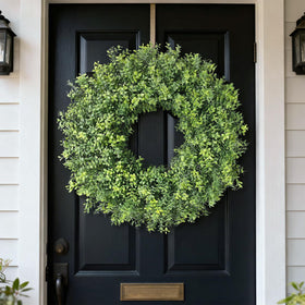 YXZZWL boxwood wreath close-up showing tiny leaves for a fuller look.