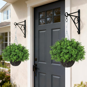 YXZZWL hanging-basket on porch creates welcoming evergreen accent.